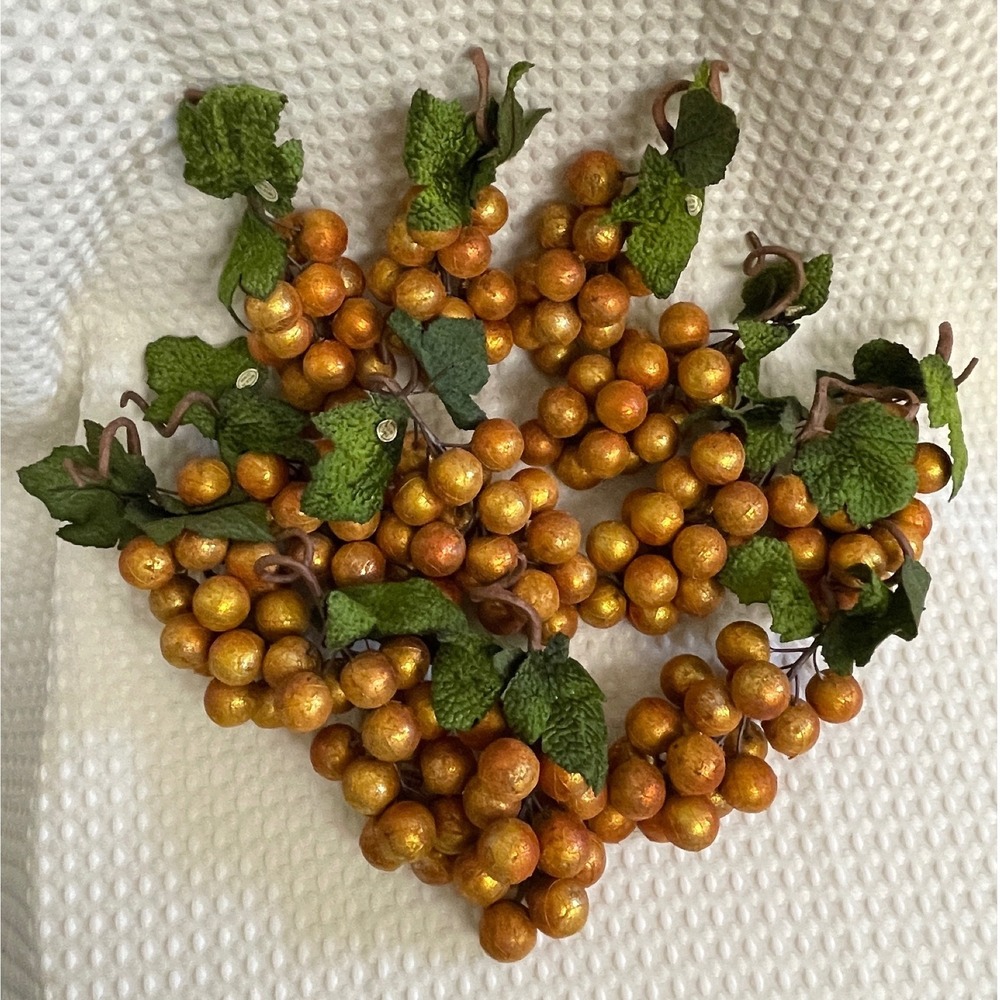 Decorative Artificial Grape Clusters Set of 12 Gold Orange Hard Plastic Textured